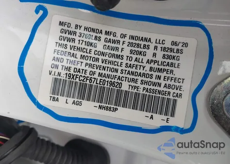2020 Honda Civic Lx z USA, uszkodzony, nr VIN 19XFC2F67LE019620